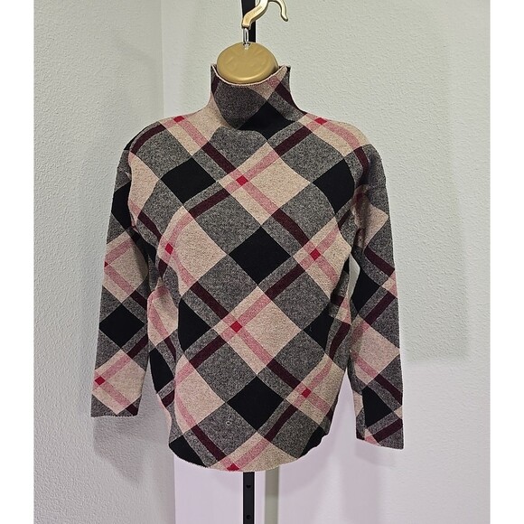 Funnel Mock Plaid Sweater Womens XS Tan Black Academia Preppy Old Money Cottage - Picture 1 of 7